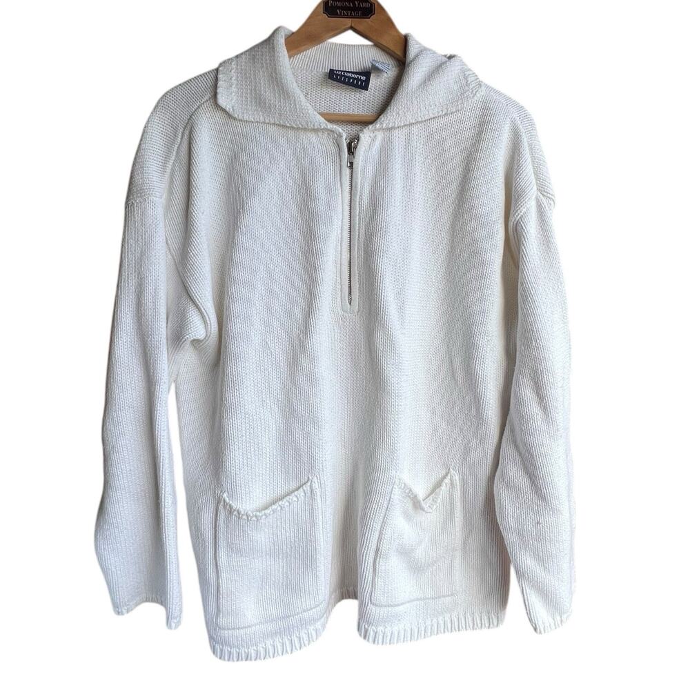 Vintage Liz Claiborne Womens Sweater Size M Ivory 1/4 Zip Pullover Knit 100% Cot
